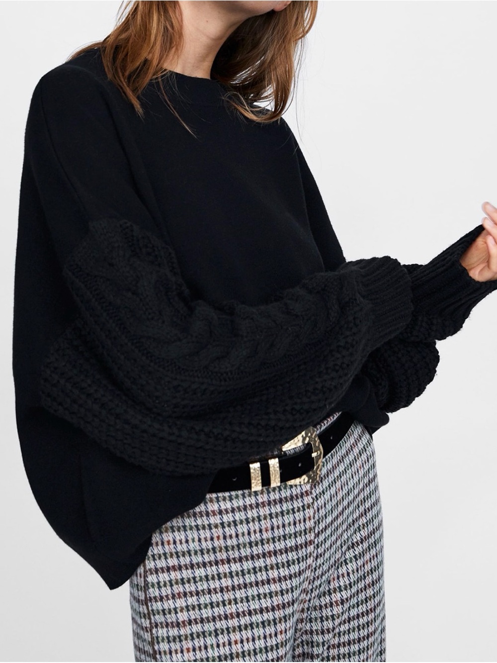 Zara Black Cable Knit Balloon-Sleeve Crew Sweater